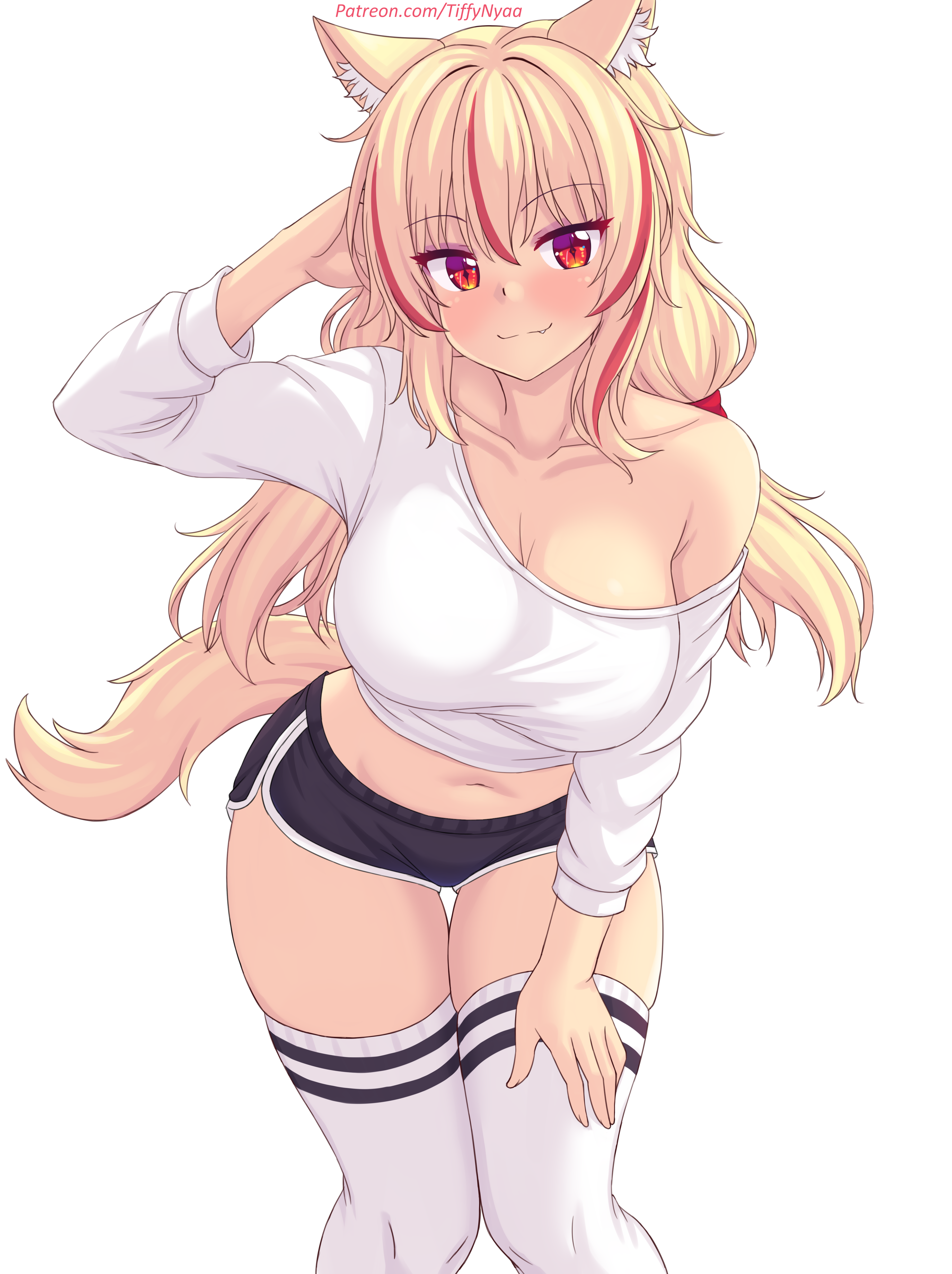 nottytiffy, tiffy (nottytiffy), original, absurdres, commentary, english commentary, highres, 1girl, animal ears, arm up, black shorts, blonde hair, blush, breasts, cat ears, cat girl, cat tail, closed mouth, collarbone, large breasts, leaning forward, long hair, long sleeves, looking at viewer, micro shorts, off shoulder, patreon username, red eyes, shirt, shorts, simple background, single bare shoulder, smile, solo, standing, tail, thighhighs, thighs, white background, white shirt, white thighhighs