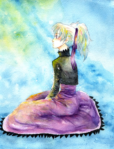 yin (darker than black), darker than black, 00s, dress, jacket, kneeling, purple eyes, ribbon, white hair