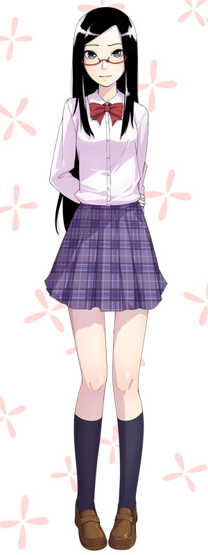 benimura karu, karukaru, original, black legwear, 1girl, arm behind back, black hair, blue skirt, bow, brown shoes, checkered clothes, checkered skirt, female focus, glasses, goggles, grey eyes, long hair, looking at viewer, red bow, school uniform, serafuku, shirt, shoes, skirt, solo, white shirt