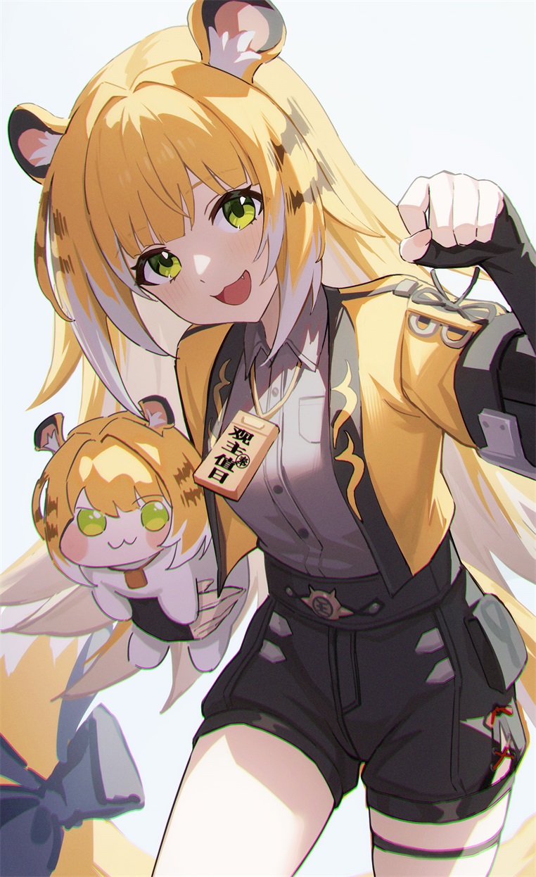 shali, doro (nikke), ju fufu, goddess of victory: nikke, zenless zone zero, chinese commentary, commentary request, highres, 1girl, :3, animal ear fluff, animal ears, black bow, black gloves, black shorts, blonde hair, bow, breasts, buttons, claw pose, collared shirt, colored inner hair, cropped jacket, elbow gloves, fang, fingerless gloves, gloves, green eyes, grey shirt, hand up, head tilt, high-waist shorts, holding, jacket, long hair, looking at viewer, multicolored hair, open mouth, shirt, shirt tucked in, shorts, sidelocks, simple background, small breasts, smile, solo, standing, streaked hair, tail, tail bow, tail ornament, thigh strap, thighs, tiger ears, tiger girl, tiger tail, very long hair, white background, yellow jacket
