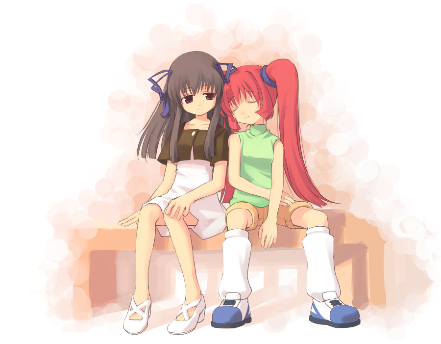 tatsukichi, michiru (air), toono minagi, air (visual novel), 00s, 2girls, brown eyes, brown hair, closed eyes, hair ribbon, long hair, multiple girls, red hair, ribbon, shorts, sitting, sleeping, twintails