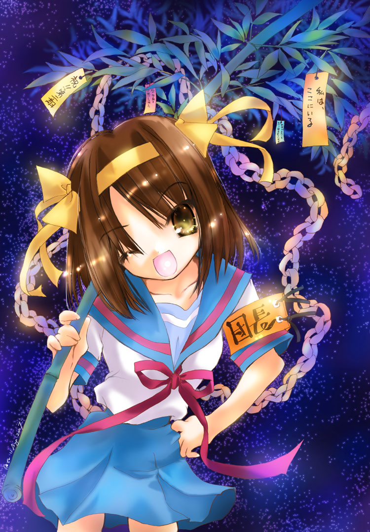 nyanmilla, suzumiya haruhi, suzumiya haruhi no yuuutsu, 00s, 1girl, brown hair, female focus, school uniform, serafuku, short hair, solo, tanabata, tanzaku