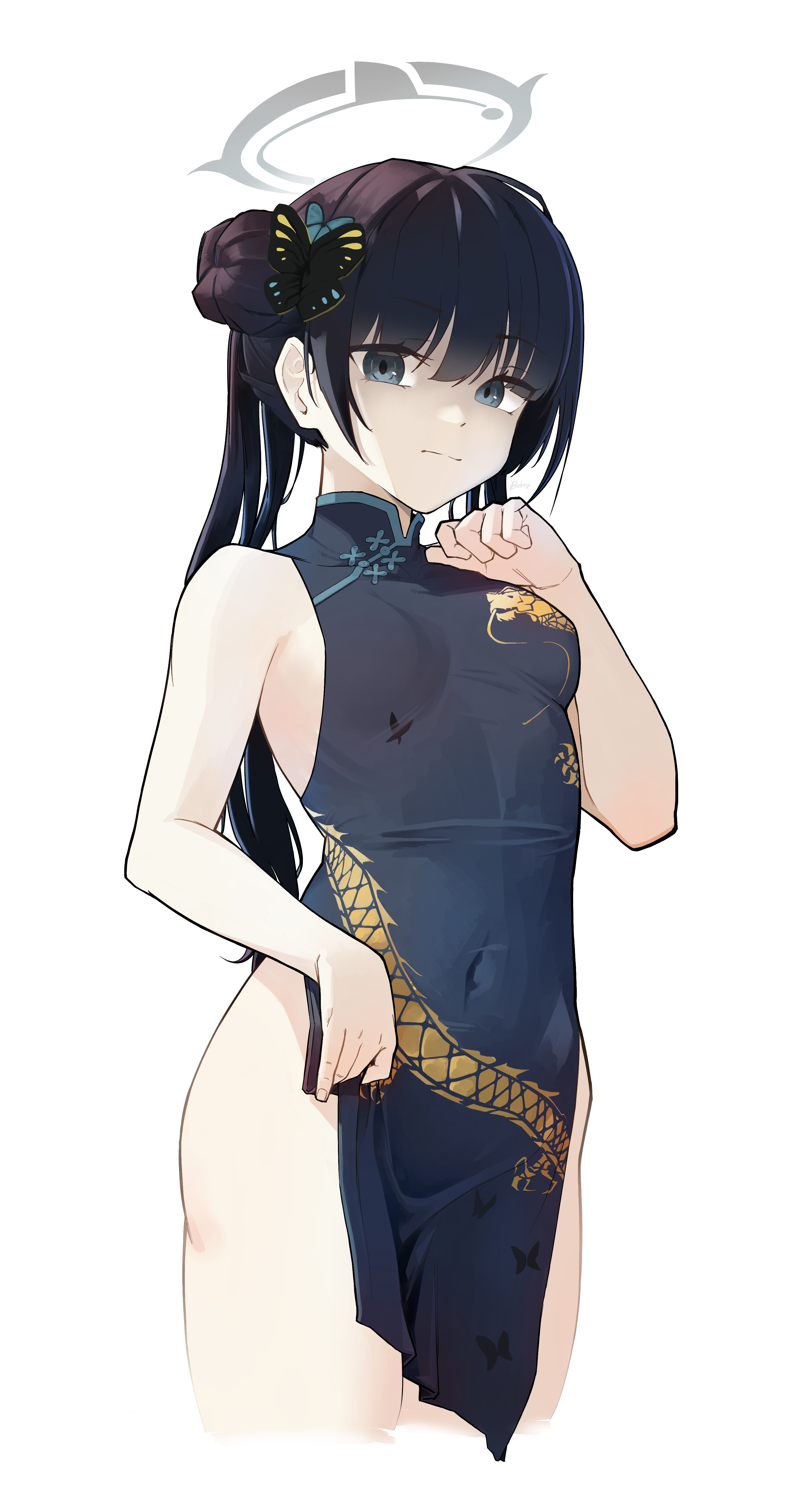 bubry (w3ird jo), kisaki (blue archive), blue archive, absurdres, highres, 1girl, black dress, black hair, braid, braided bun, breasts, butterfly hair ornament, china dress, chinese clothes, double bun, dress, grey eyes, grey halo, hair bun, hair ornament, halo, jacket, long hair, looking at viewer, pelvic curtain, pinstripe jacket, pinstripe pattern, print dress, small breasts, solo, striped clothes, striped jacket, twintails, vertical-striped clothes, vertical-striped jacket