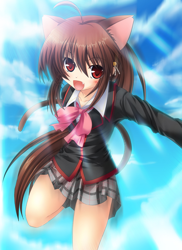ichijou hitoshi, natsume rin, little busters!, 1girl, animal ears, bow, brown hair, cat ears, cat tail, female focus, kemonomimi mode, long hair, pink bow, school uniform, serafuku, solo, tail