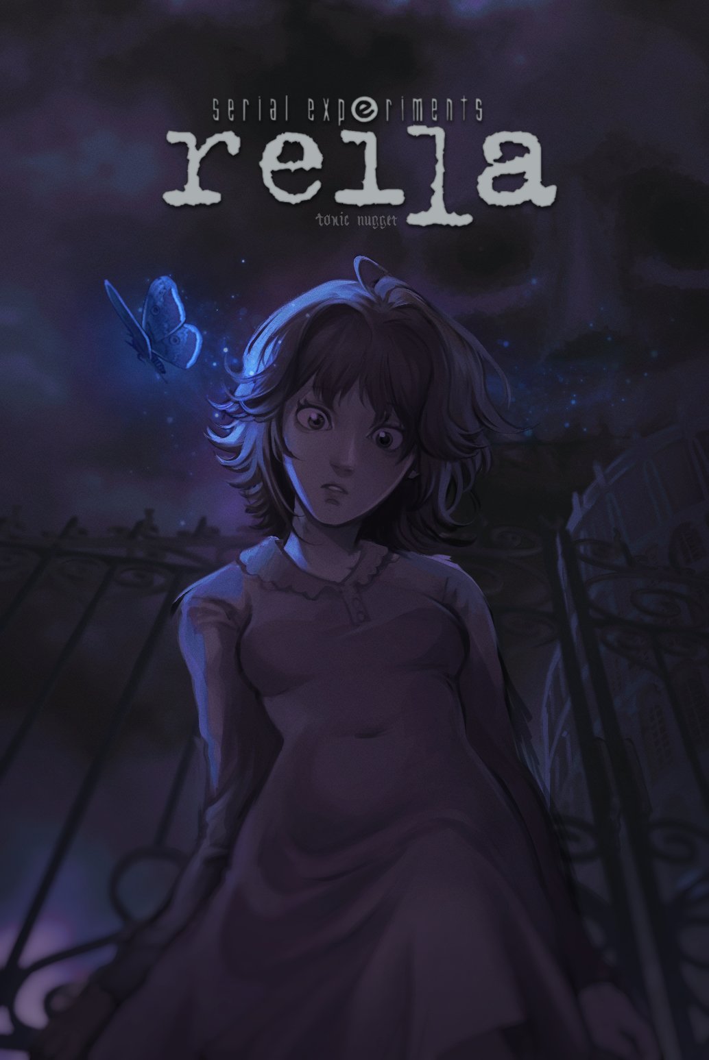 toxic nugget, reila (fear & hunger), rher (fear & hunger), fear & hunger (series), fear & hunger 2: termina, serial experiments lain, commentary, highres, symbol-only commentary, 1girl, artist name, blue butterfly, brand name imitation, breasts, brown hair, bug, butterfly, character name, covered navel, dress, fence, from below, insect, long sleeves, looking at viewer, looking down, night, night sky, parted lips, pink dress, poster parody, short hair, sky, small breasts, solo
