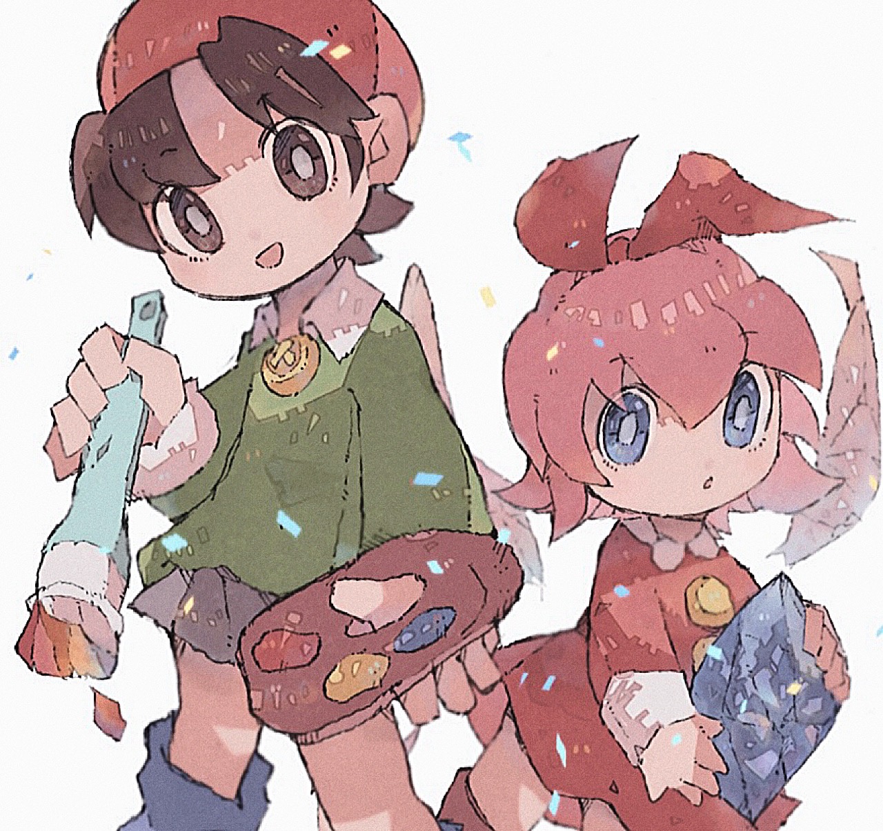 ankomochi (tomatoaaa), adeleine, ribbon (kirby), kirby (series), kirby 64, nintendo, highres, 2girls, beret, black eyes, black hair, blue eyes, bow, crystal, fairy, fairy wings, grey skirt, hair bow, hat, holding, holding paint palette, holding paintbrush, looking at viewer, multiple girls, paint palette, paintbrush, red bow, red hat, skirt, smock, wings