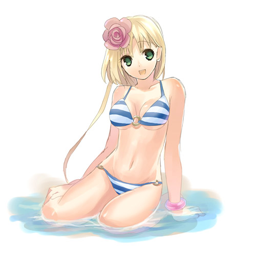 hamamo, original, lowres, 1girl, bikini, blonde hair, bracelet, female focus, flower, jewelry, o-ring, o-ring bikini, solo, striped bikini, striped clothes, swimsuit