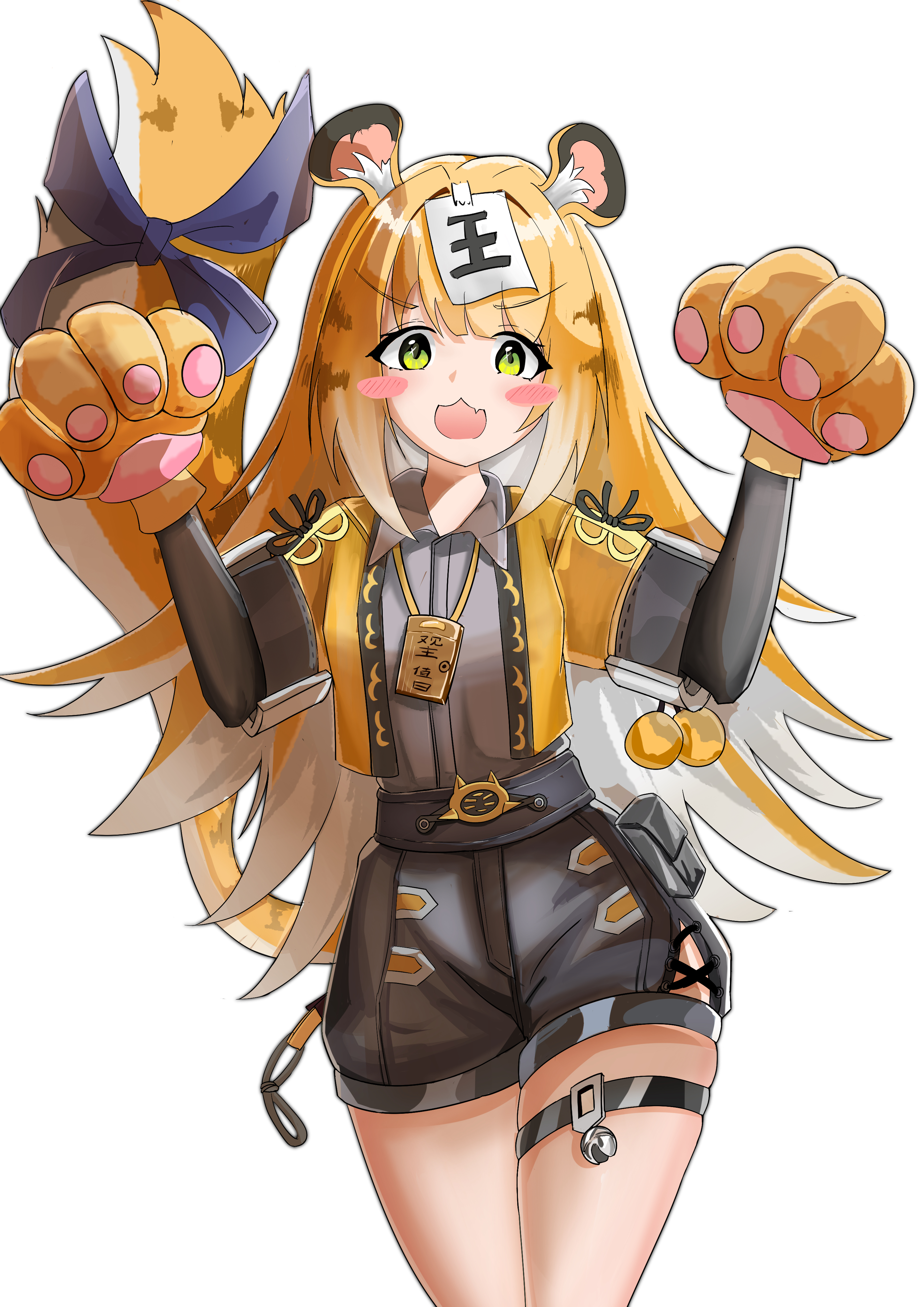 ju fufu, zenless zone zero, absurdres, highres, 1girl, animal ear fluff, animal ears, blonde hair, breasts, gloves, green eyes, jacket, long hair, looking at viewer, multicolored hair, shirt, smile, solo, tail, tiger ears, tiger girl, tiger tail, user hddv4277