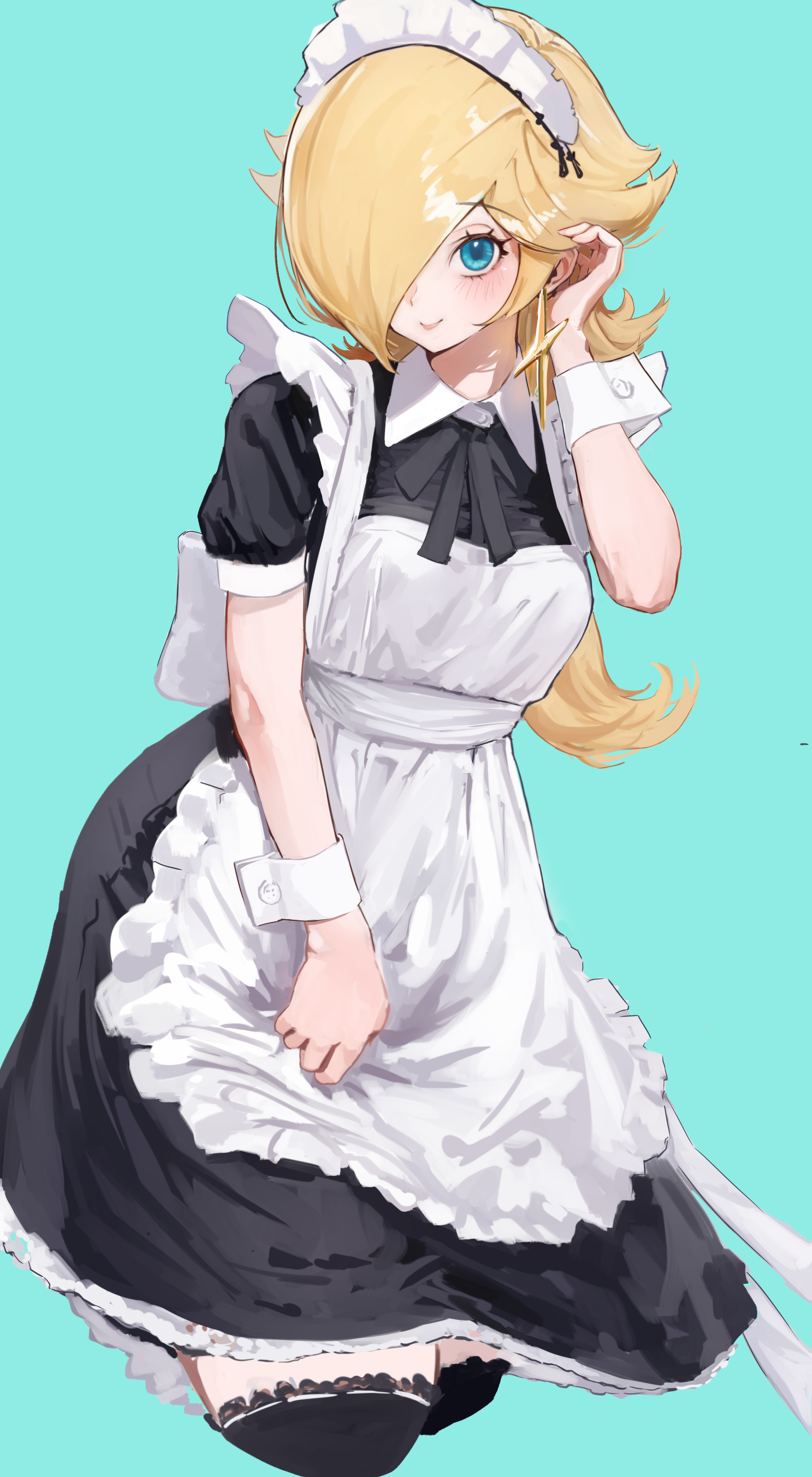 rosalina, mario (series), nintendo, absurdres, highres, revision, 1girl, alternate costume, apron, black dress, black thighhighs, blonde hair, blue background, blue eyes, closed mouth, dress, earrings, hair over one eye, jewelry, long hair, looking at viewer, maid, maid apron, maid headdress, mineru128127, short sleeves, smile, solo, star (symbol), star earrings, thighhighs, wrist cuffs