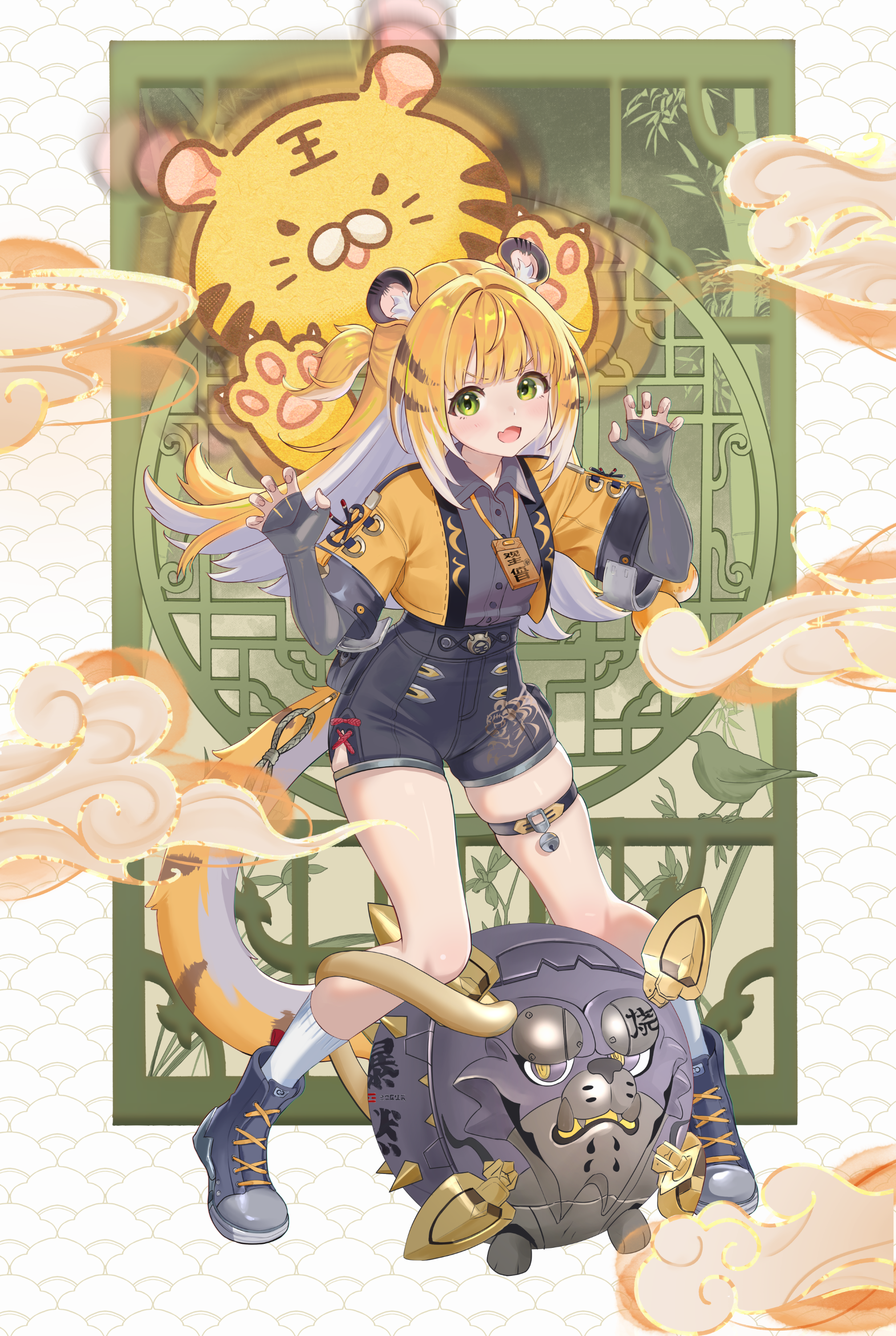 hu wei (zenless zone zero), ju fufu, zenless zone zero, absurdres, highres, 1girl, animal ear fluff, animal ears, blonde hair, breasts, colored inner hair, fingerless gloves, gloves, green eyes, jacket, long hair, looking at viewer, multicolored hair, open mouth, shirt, shorts, solo, tail, thigh strap, tiger ears, tiger girl, tiger tail, user hgfe5343, white hair