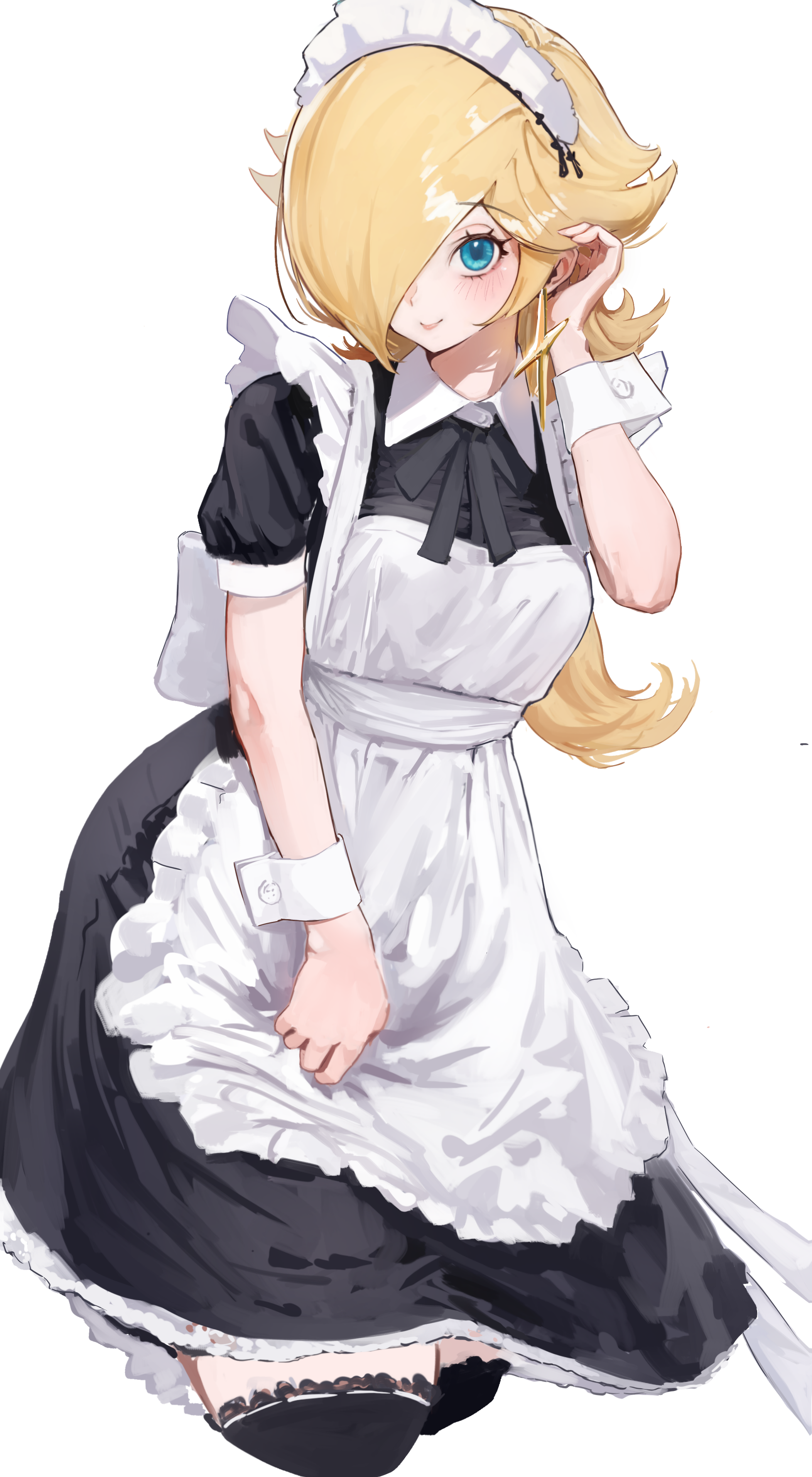 rosalina, mario (series), nintendo, absurdres, highres, revision, 1girl, alternate costume, apron, black dress, black thighhighs, blonde hair, blue eyes, closed mouth, dress, earrings, hair over one eye, jewelry, long hair, looking at viewer, maid, maid apron, maid headdress, mineru128127, short sleeves, smile, solo, star (symbol), star earrings, thighhighs, white background, wrist cuffs