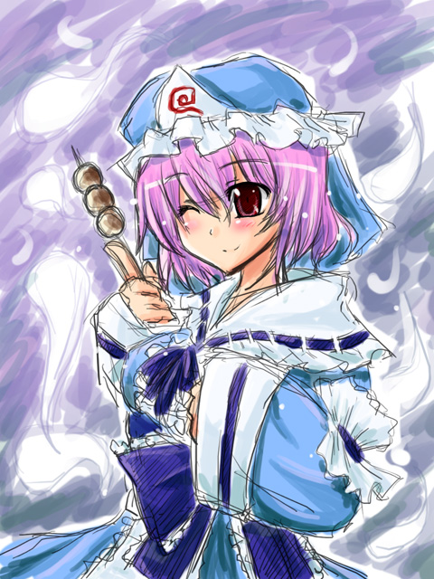 nagami yuu, saigyouji yuyuko, touhou, 1girl, blush, dango, female focus, food, hat, mob cap, one eye closed, pink hair, red eyes, short hair, skewer, smile, solo, triangular headpiece, wagashi
