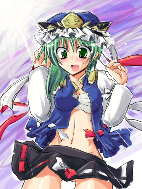nagami yuu, shiki eiki, touhou, 1girl, breasts, female focus, hat, navel, open clothes, open shirt, sarashi, shirt, solo, standing