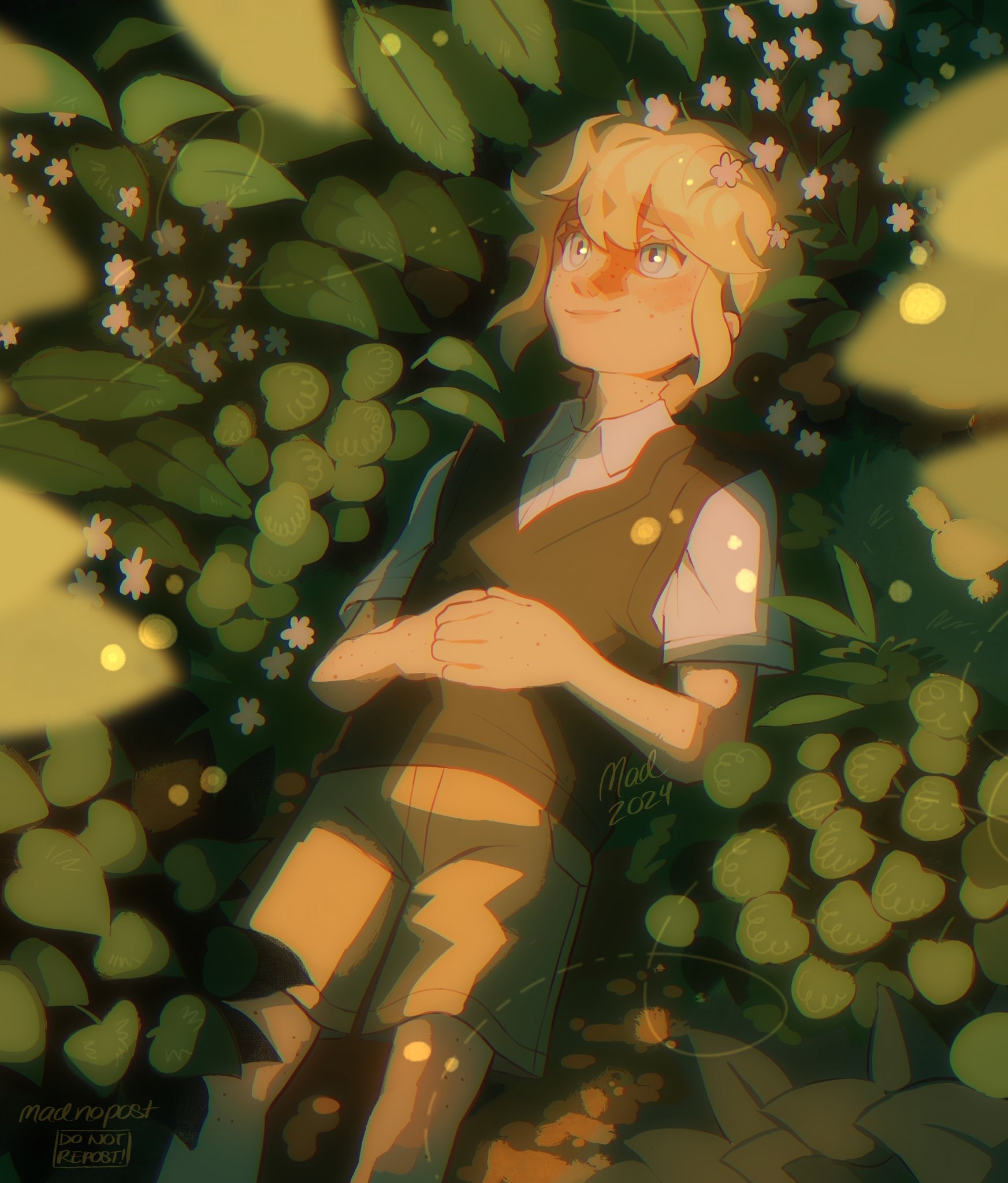 madnopost, basil (faraway) (omori), basil (omori), omori, highres, 1boy, artist name, blonde hair, blue eyes, blush, brown shorts, closed mouth, collared shirt, green sweater vest, lying, on back, outdoors, shirt, short hair, short sleeves, shorts, sidelocks, smile, solo, sweater vest, white shirt