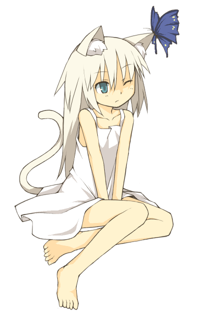 ikura hato, original, 1girl, animal ears, barefoot, bug, butterfly, cat ears, cat tail, dress, feet, female focus, insect, one eye closed, solo, tail, wink