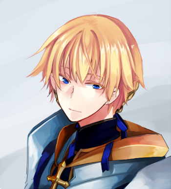 wane (ruki), royal guard (ragnarok online), ragnarok online, commentary request, lowres, 1boy, armor, black shirt, blonde hair, blue eyes, breastplate, closed mouth, cross, grey background, looking at viewer, male focus, portrait, shirt, short hair, smile, solo