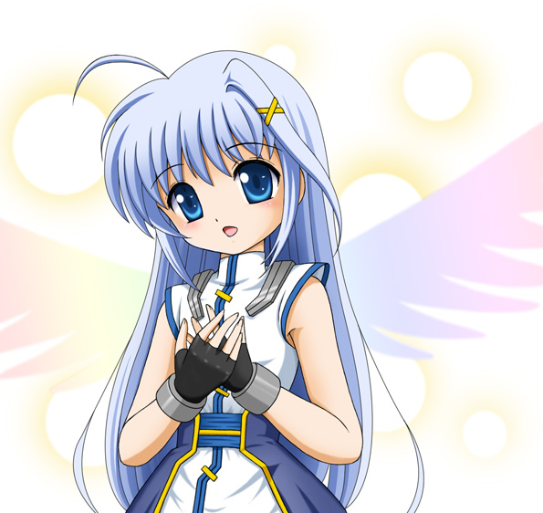 flipper, reinforce zwei, lyrical nanoha, mahou shoujo lyrical nanoha, mahou shoujo lyrical nanoha strikers, 00s, 1girl, ahoge, blue eyes, blue hair, female focus, fingerless gloves, gloves, hair ornament, magical girl, matching hair/eyes, solo, waist cape, wings, x hair ornament