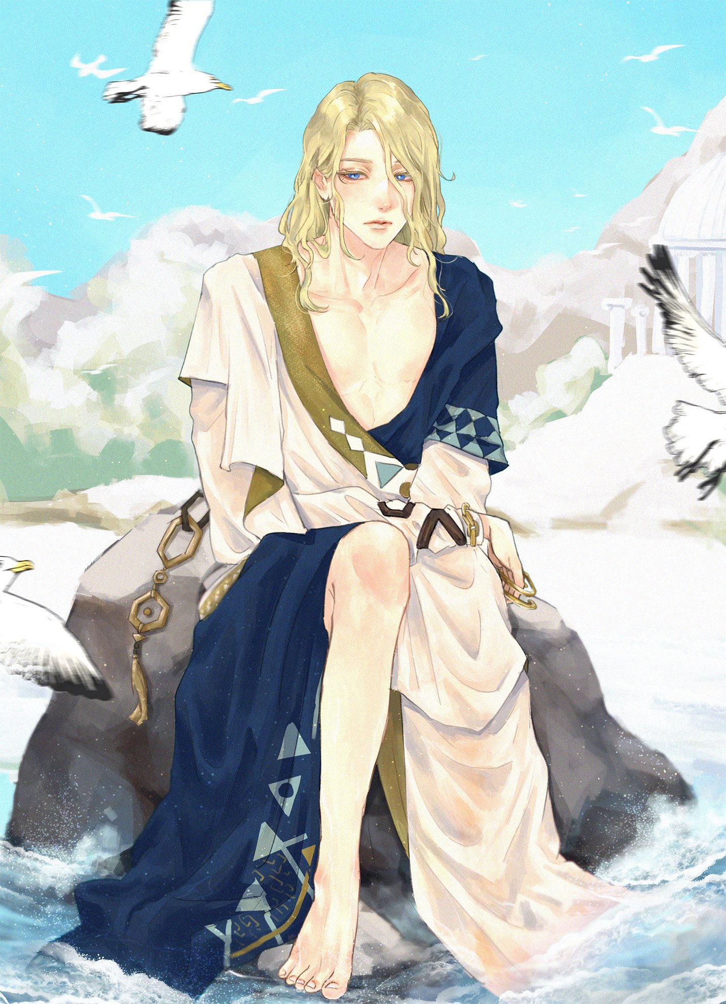 pearl mkmm, 6 (reverse:1999), reverse:1999, highres, 1boy, ancient greek clothes, architecture, barefoot, bird, blonde hair, blue eyes, blue sky, day, full body, greco-roman architecture, greco-roman clothes, himation, long hair, looking at viewer, male focus, on rock, outdoors, seagull, sitting, sky, soaking feet, solo, water, white bird