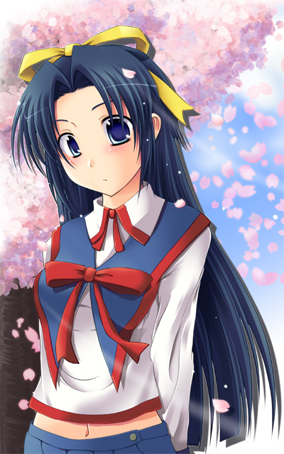 nagami yuu, takasu ayako, mamoru-kun ni megami no shukufuku wo!, 1girl, aqua eyes, blue hair, blush, bow, cherry blossoms, cloud, day, female focus, hair ribbon, high collar, long hair, looking at viewer, midriff, navel, outdoors, parted bangs, petals, pleated skirt, ribbon, school uniform, skirt, sky, solo, tree