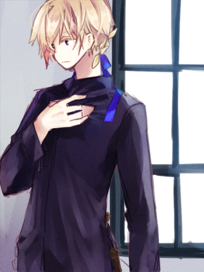 wane (ruki), royal guard (ragnarok online), ragnarok online, commentary request, 1boy, black shirt, blue bow, blue eyes, bow, braid, closed mouth, expressionless, hair bow, hand on own chest, indoors, looking afar, male focus, shirt, short hair, solo, window