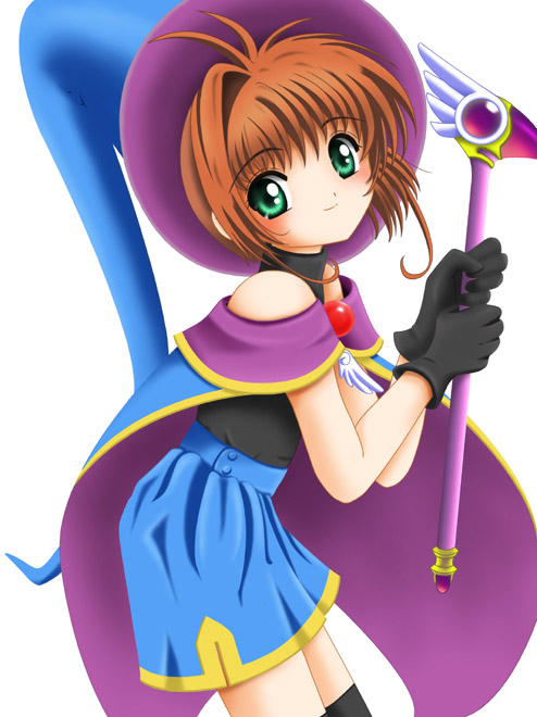 flipper, kinomoto sakura, kinomoto sakura (red blue), cardcaptor sakura, 1990s (style), 1girl, black gloves, blue hat, child, female focus, fuuin no tsue, gloves, hat, looking at viewer, magical girl, retro artstyle, solo, thighhighs, white background