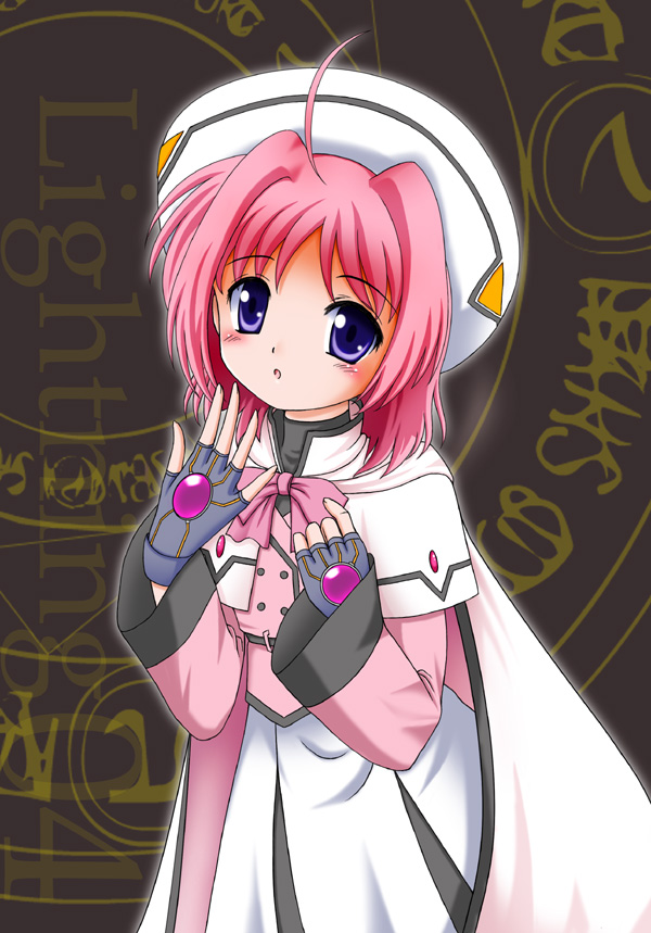 flipper, caro ru lushe, kerykeion (nanoha), lyrical nanoha, mahou shoujo lyrical nanoha, mahou shoujo lyrical nanoha strikers, 00s, 1girl, ahoge, blue eyes, bow, cape, female focus, fingerless gloves, gloves, hat, magic circle, magical girl, pink bow, pink hair, solo
