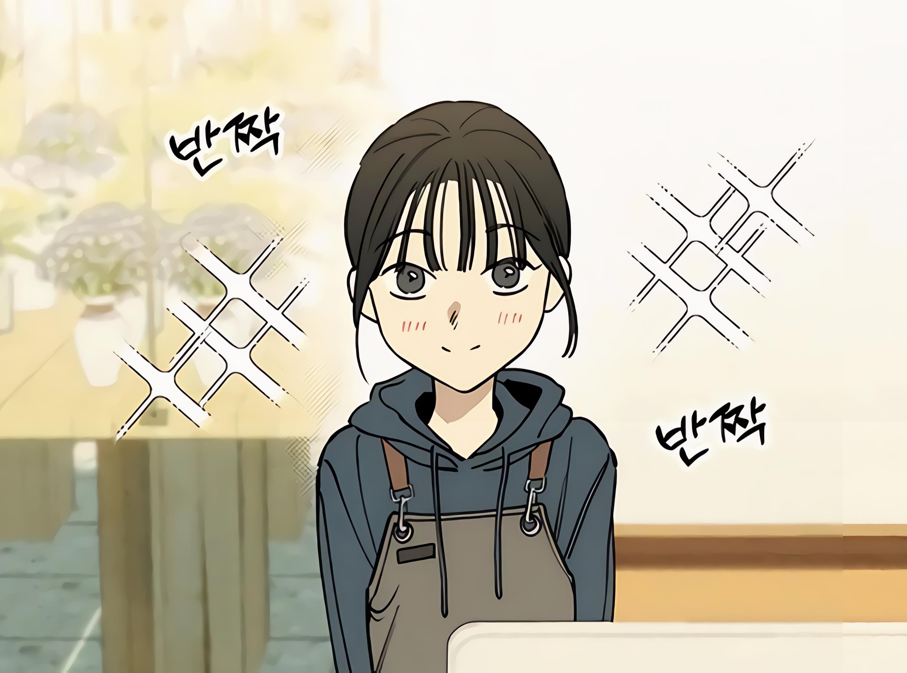 tears on a withered flower, 1girl, apron, black hair, blue jacket, blush, female focus, grey eyes, hwajeong (tears on a withered flower), jacket, japanese text, long hair, looking at viewer, smile