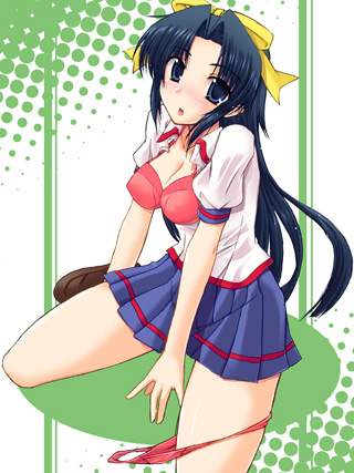 nagami yuu, takasu ayako, mamoru-kun ni megami no shukufuku wo!, lowres, 1girl, blue eyes, blue hair, blush, bra, breasts, cleavage, embarrassed, female focus, hair ribbon, lingerie, long hair, matching hair/eyes, open clothes, open mouth, open shirt, panties, panties around leg, pleated skirt, red panties, ribbon, school uniform, serafuku, shirt, shoes, skirt, solo, underwear, undressing