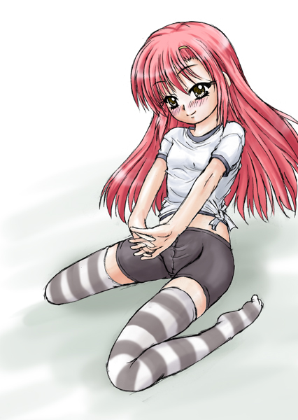 striped, tagme, red hair, thighhighs