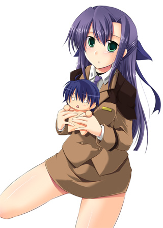 nagami yuu, ginga nakajima, subaru nakajima, lyrical nanoha, mahou shoujo lyrical nanoha, mahou shoujo lyrical nanoha strikers, lowres, 00s, 1girl, blue hair, character doll, chibi, doll, female focus, military, military uniform, no legwear, o o, purple hair, solo