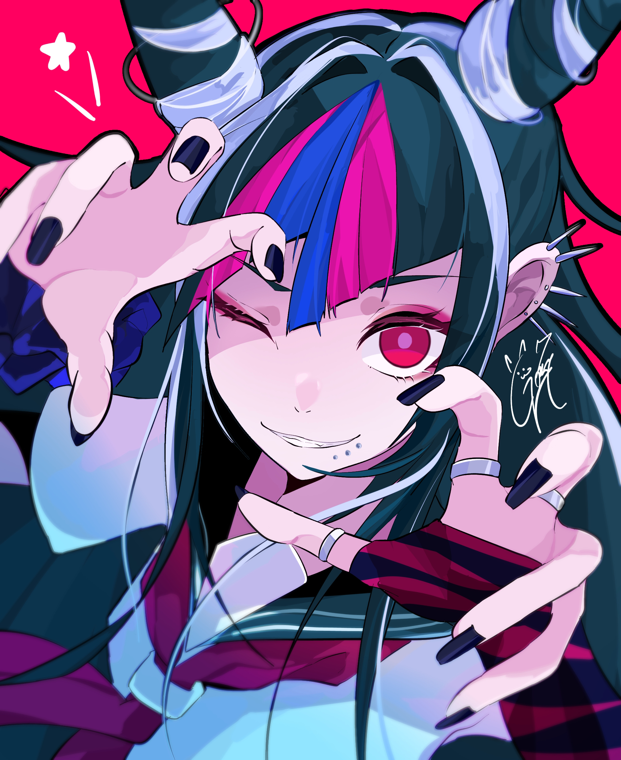 goma irasuto, mioda ibuki, danganronpa (series), danganronpa 2: goodbye despair, absurdres, commentary request, highres, 1girl, black hair, black nails, blue hair, claw pose, eyelashes, face piercing, fingerless gloves, gloves, hair horns, jewelry, long hair, mouth piercing, multicolored hair, multiple rings, nail polish, neckerchief, one eye closed, piercing, pink eyes, pink hair, pink neckerchief, red background, ring, sailor collar, school uniform, serafuku, shirt, signature, simple background, single fingerless glove, smile, solo, star (symbol), striped clothes, striped gloves, teeth, white hair, white shirt