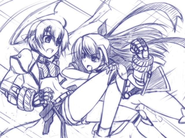 nagami yuu, blitz caliber, ginga nakajima, mach caliber, revolver knuckle, subaru nakajima, lyrical nanoha, mahou shoujo lyrical nanoha, mahou shoujo lyrical nanoha strikers, 00s, 2girls, fingerless gloves, gauntlets, gloves, headband, inline skates, magical girl, midriff, monochrome, multiple girls, purple theme, roller skates, siblings, single fingerless glove, single gauntlet, sisters, skates, waist cape