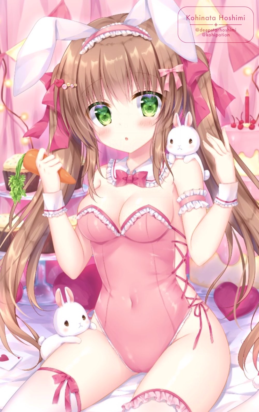 kohinata hoshimi, original, highres, 1girl, animal ears, armlet, bare shoulders, blush, bow, bowtie, breasts, brown hair, cake, candle, carrot, cleavage, collar, covered navel, cupcake, detached collar, fake animal ears, food, frills, green eyes, hair between eyes, hair bow, hair ornament, holding, holding carrot, jewelry, large breasts, leotard, long hair, looking at viewer, open mouth, pink bow, pink bowtie, pink leotard, rabbit, rabbit ears, rabbit tail, sitting, tail, thighhighs, tiered tray, twintails, very long hair, white thighhighs, wrist cuffs