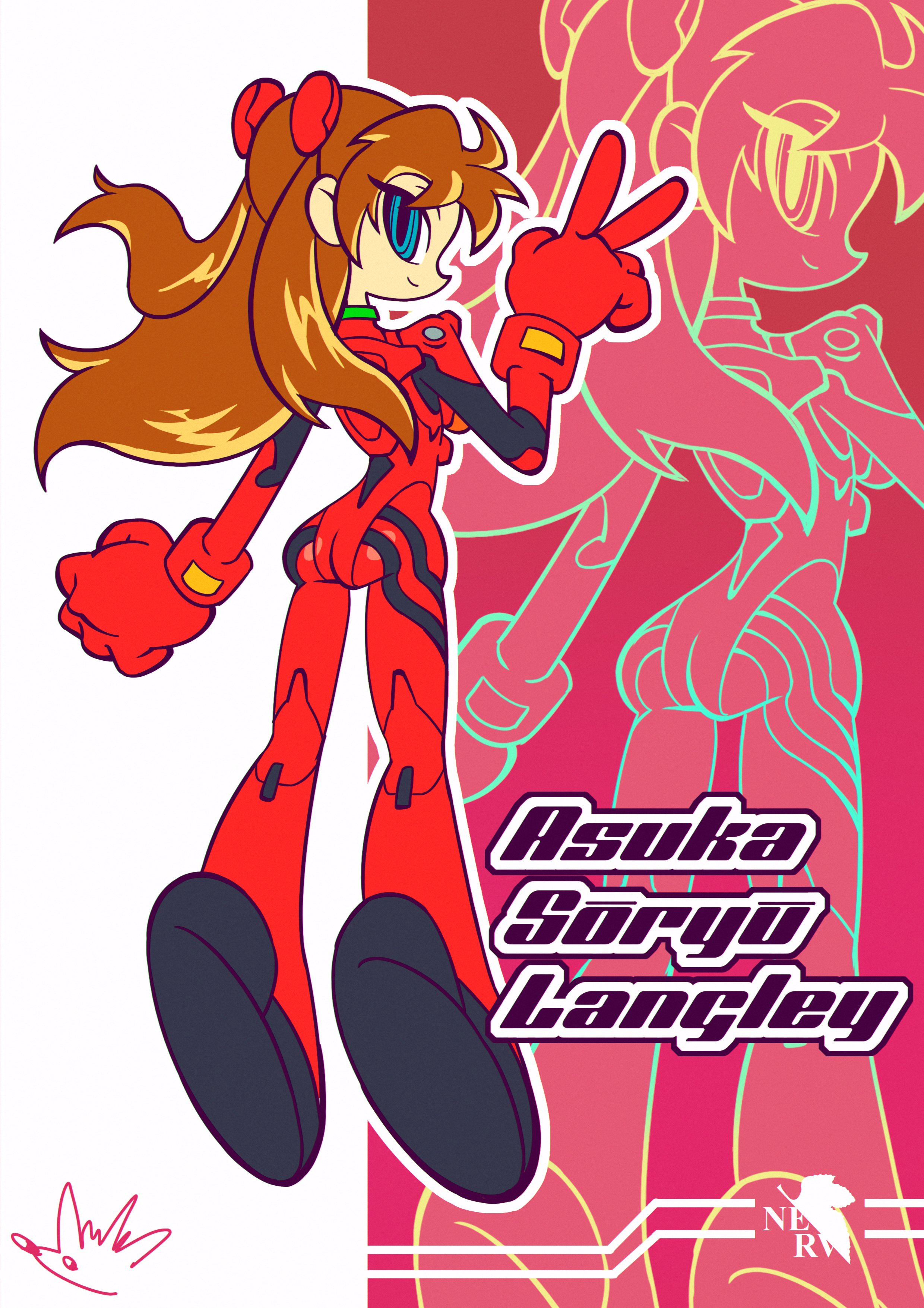 biolizard02, souryuu asuka langley, neon genesis evangelion, absurdres, highres, 1girl, ass, blue eyes, bodysuit, breasts, deformed, hairpods, long hair, mecha pilot suit, orange hair, plugsuit (evangelion), red bodysuit, solo