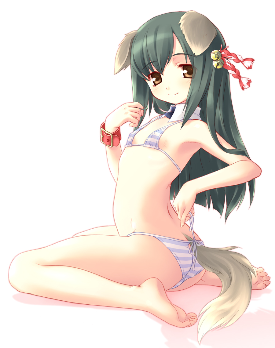 aoi kumiko, original, 1girl, animal ears, armpits, barefoot, bikini, brown eyes, clothing cutout, dog ears, dog tail, feet, female focus, flat chest, green hair, loli, long hair, smile, solo, striped bikini, striped clothes, swimsuit, tail, tail through clothes, toes