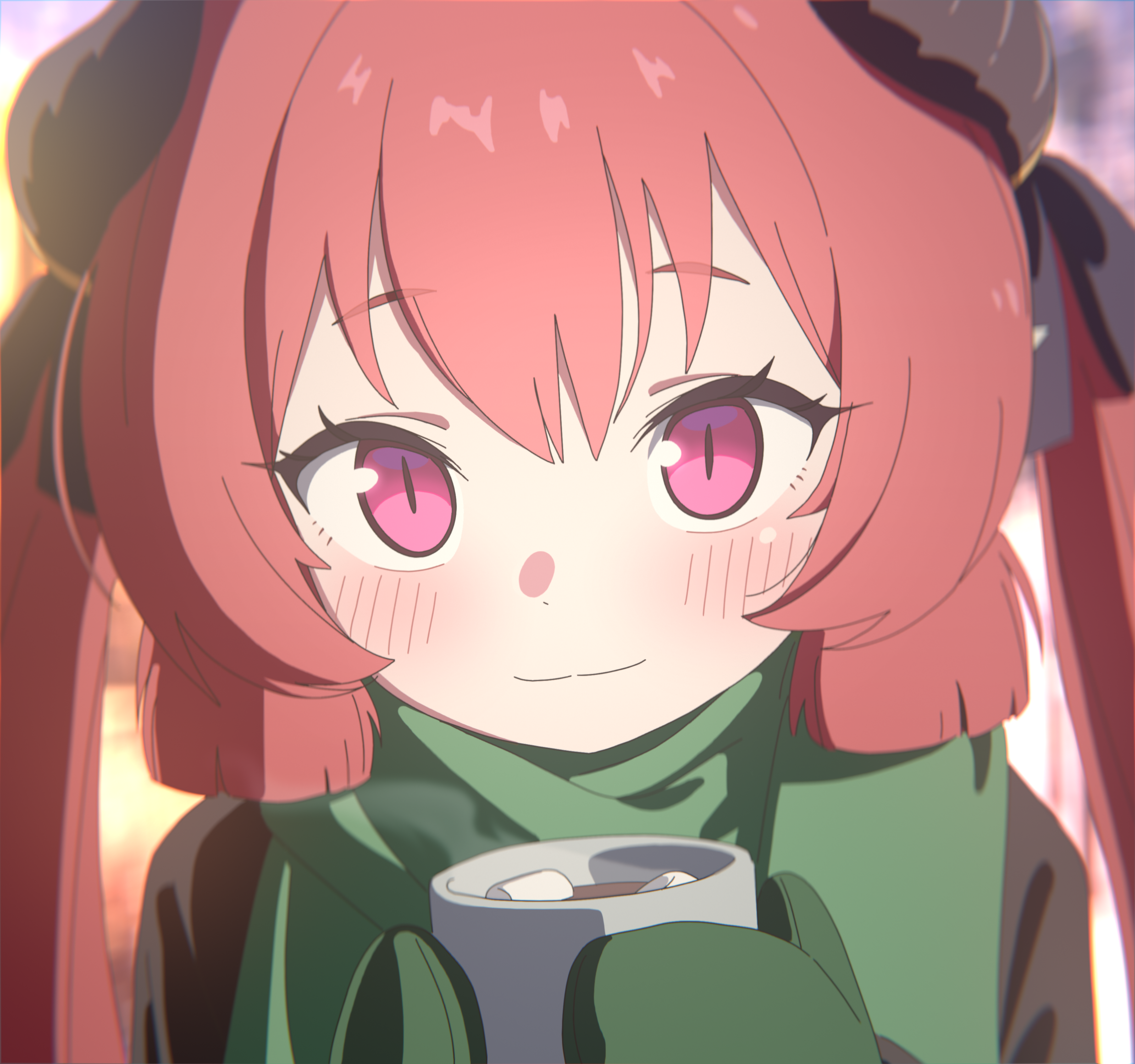 kutsusama, junko (blue archive), blue archive, absurdres, highres, 1girl, alternate costume, black horns, black jacket, black ribbon, blurry, blurry background, blush, closed mouth, cup, demon girl, demon horns, food, green mittens, green scarf, hair ribbon, holding, holding cup, horns, hot chocolate, jacket, long hair, looking at viewer, marshmallow, mittens, mug, purple eyes, red hair, ribbon, scarf, slit pupils, smile, solo, twintails, upper body