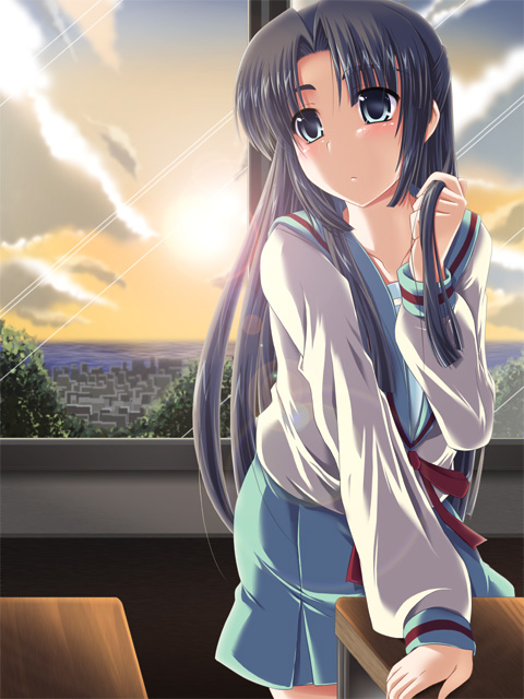 nagami yuu, asakura ryoko, suzumiya haruhi no yuuutsu, looking away, 00s, 1girl, arm support, blue eyes, blue hair, collarbone, desk, female focus, holding, holding own hair, long hair, matching hair/eyes, ruffling hair, school desk, school uniform, serafuku, solo, very long hair, window