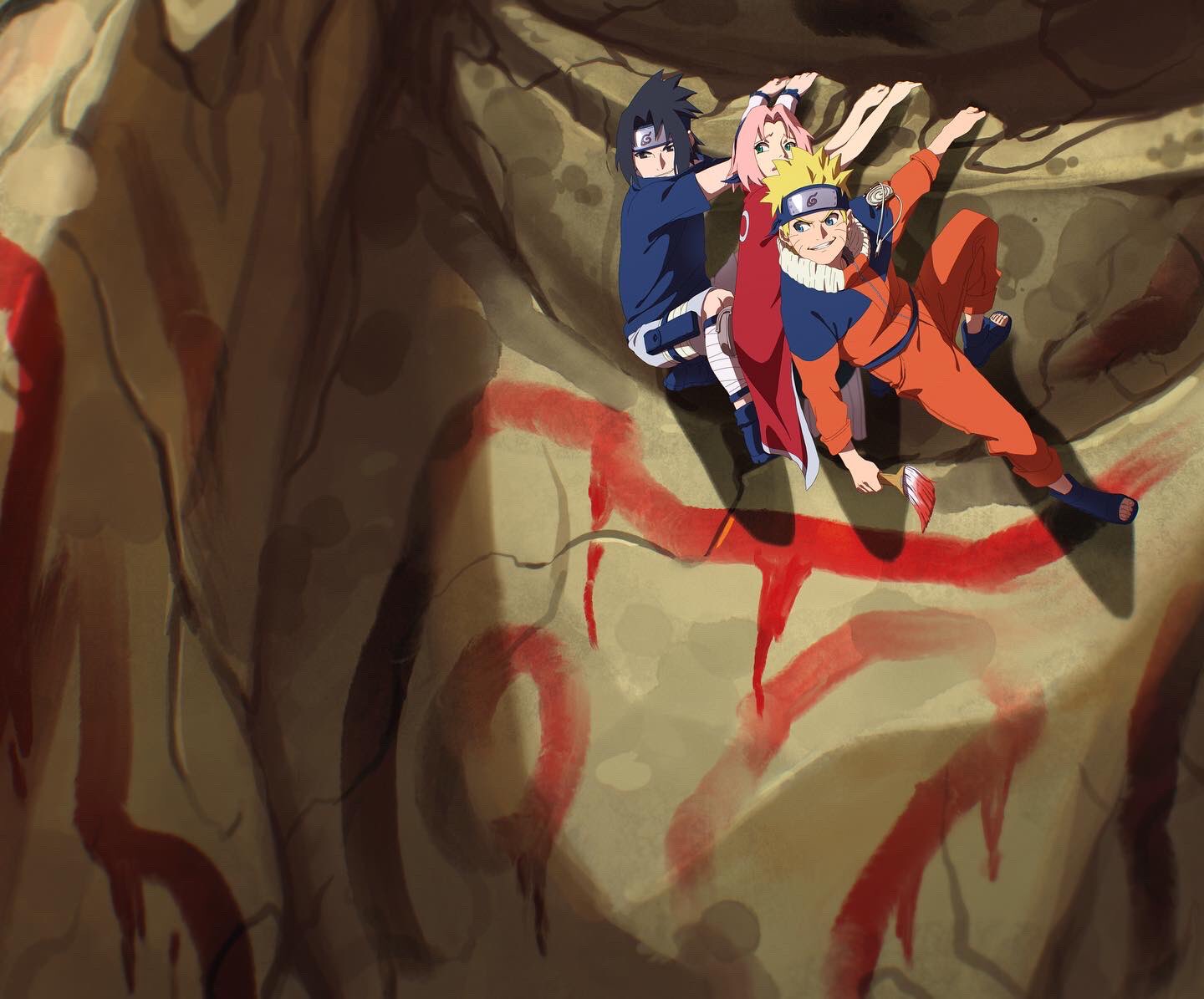 haruno sakura, uchiha sasuke, uzumaki naruto, naruto (classic), naruto (series), 1girl, 2boys, black eyes, black hair, blonde hair, blue eyes, blue shirt, full body, green eyes, holding, holding paintbrush, jacket, kibaq, long sleeves, multiple boys, ninja, orange jacket, orange pants, paintbrush, pants, pink hair, red shirt, shadow, shirt, short sleeves, shorts, spiked hair, white shorts