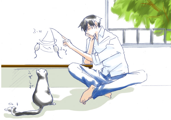 hei (darker than black), mao (darker than black), darker than black, 00s, 1boy, barefoot, black cat, black hair, cat, denim, indian style, jeans, leaning, male focus, on floor, pants, shirt, sitting, solo, toy, tree, white shirt, window