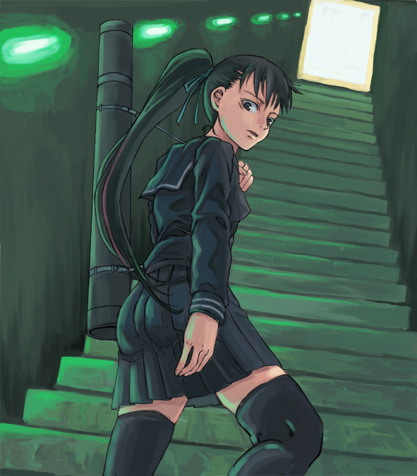 kno1, black legwear, tagme, black serafuku, ponytail, school uniform, serafuku, stairs, thighhighs
