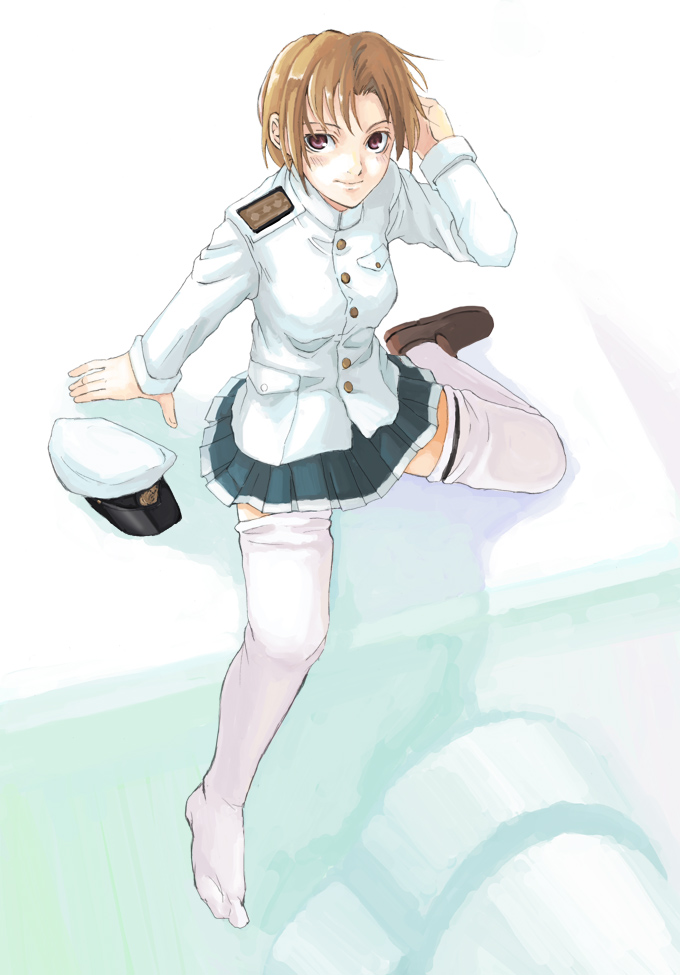 kno1, tagme, 1girl, female focus, full body, sitting, skirt, solo, spread legs, thighhighs, white thighhighs