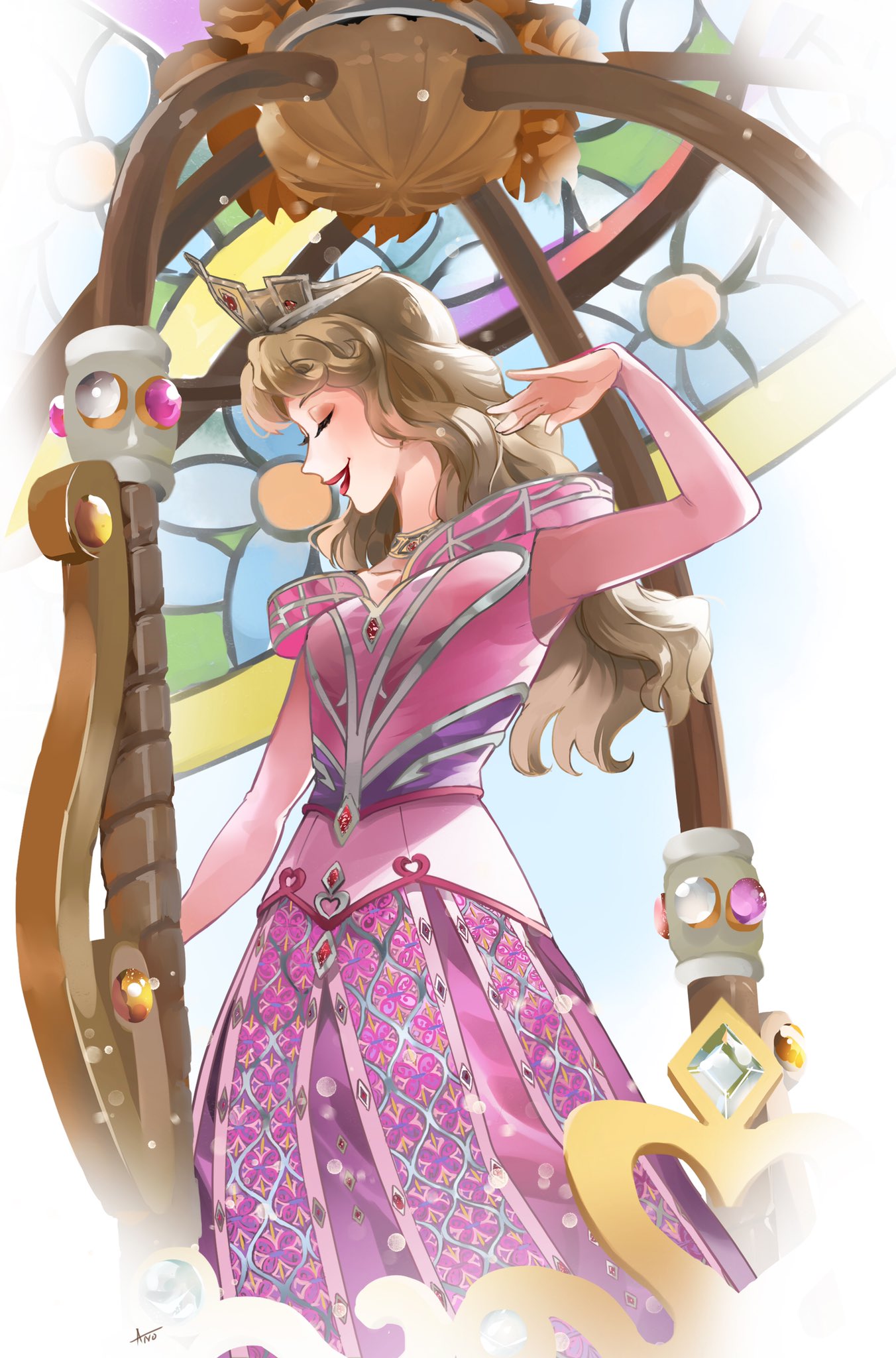 ano (sbee), aurora (disney), sleeping beauty (disney), highres, 1girl, animification, blonde hair, dress, gem, happy, jewelry, long hair, long sleeves, makeup, pink dress, princess, red lips, simple background, smile, solo, tiara