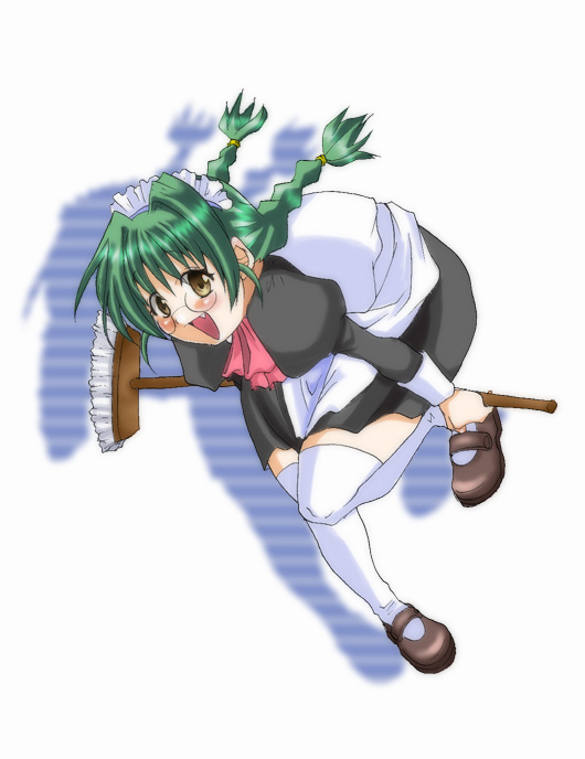 character request, copyright request, tagme, 1girl, bent over, blush, braid, broom, fang, female focus, glasses, green hair, looking at viewer, maid, mary janes, open mouth, shadow, shoes, simple background, smile, solo, thighhighs, twin braids, white background, zettai ryouiki
