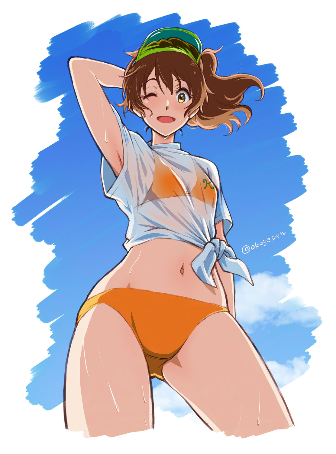kotomozou, oumae kumiko, hibike! euphonium, highres, 1girl, bikini, bikini under clothes, blue sky, blush, breasts, brown eyes, brown hair, cloud, looking at viewer, midriff, navel, one eye closed, open mouth, orange bikini, see-through clothes, see-through shirt, shirt, short hair, short sleeves, sky, smile, solo, sweat, sweatdrop, swimsuit, tied shirt, visor cap, wet, white shirt