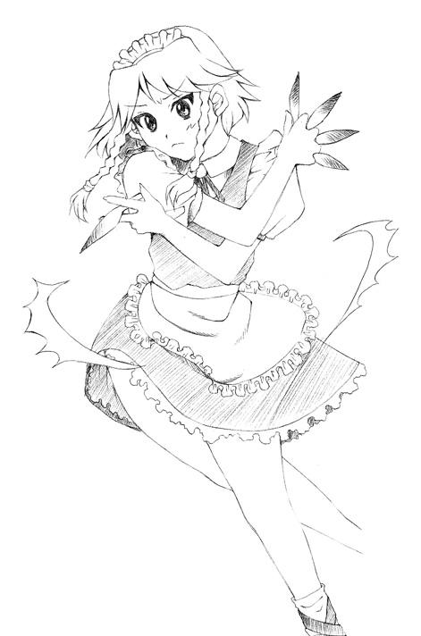 izayoi sakuya, touhou, 1girl, female focus, maid, monochrome, sketch, solo