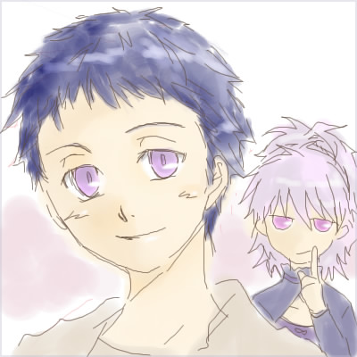 yin (darker than black), darker than black, silver hair, lowres, tagme, 00s, 2girls, blue hair, multiple girls, ponytail, purple eyes, short hair, smile
