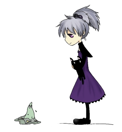 mao (darker than black), yin (darker than black), darker than black, lowres, 00s, 1girl, animal, black cat, carrying, cat, chibi, dress, female focus, grey hair, ponytail, purple dress, purple eyes, solo, standing, white background