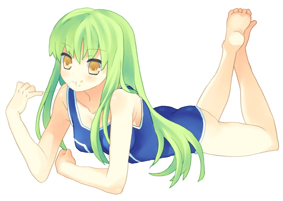 mozu (modagoro), c.c., code geass, 00s, 1girl, :t, barefoot, eating, feet, female focus, food, food on face, green hair, long hair, lying, on stomach, one-piece swimsuit, solo, swimsuit, yellow eyes