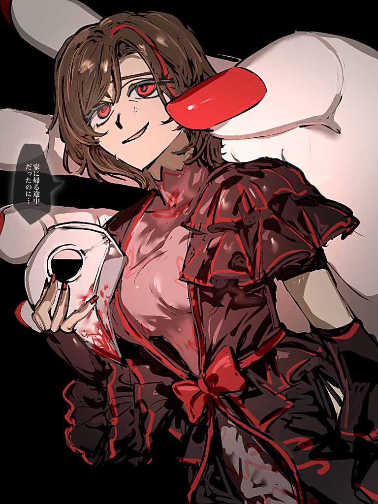 odamarinasai, outis (project moon), limbus company, project moon, 1girl, black background, black dress, bow, breasts, brown hair, disembodied hand, dress, holding, holding mask, la manchaland (identity) (project moon), looking at viewer, mask, red bow, red eyes, red hair, red nails, red streaks, simple background, solo, upper body