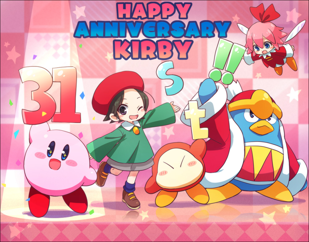 hone (sky cubes), adeleine, king dedede, kirby, ribbon (kirby), waddle dee, kirby (series), kirby 64, nintendo, 1boy, 2girls, anniversary, beret, bow, brown shoes, character name, checkered background, colored skin, fairy, fairy wings, hair bow, hat, multiple girls, open mouth, pink skin, red bow, red hat, shoes, skirt, smile, smock, socks, star (symbol), wings